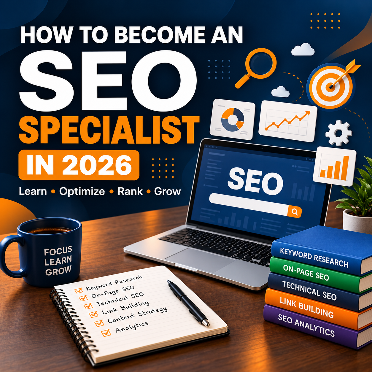 How to become an SEO specialist in 2026 – laptop with SEO dashboard, keyword research and analytics books on a desk