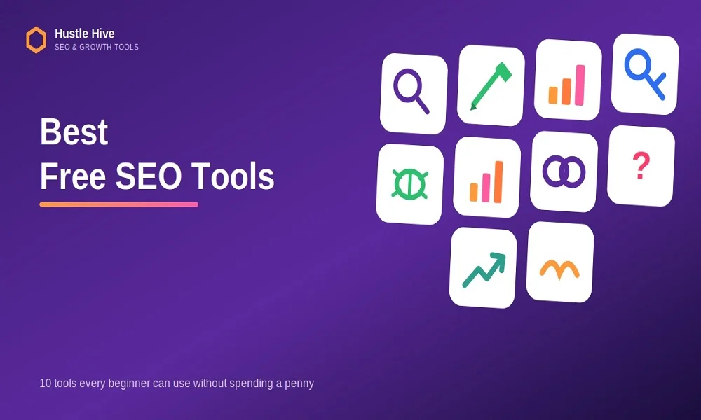 Best free SEO tools illustration with icons for search, keyword research, analytics, and link building