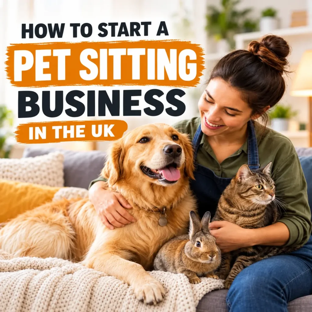 A woman pet sitting with a dog, cat and rabbit in the UK