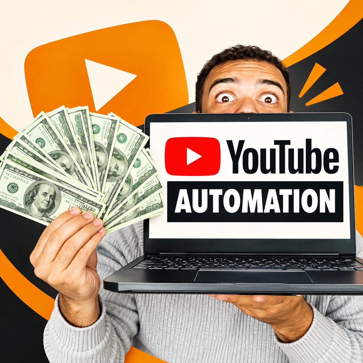How to make money from YouTube automation in 2026 - man holding cash in front of laptop showing YouTube Automation channel
