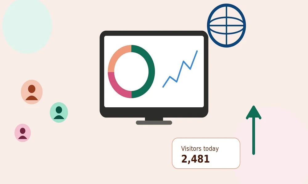 Illustration of website analytics with visitor tracking, charts, and a stats dashboard