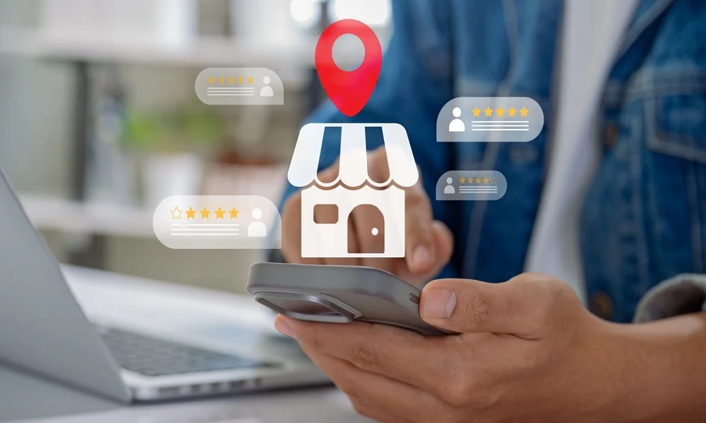 Person checking local business reviews and star ratings on smartphone for local SEO