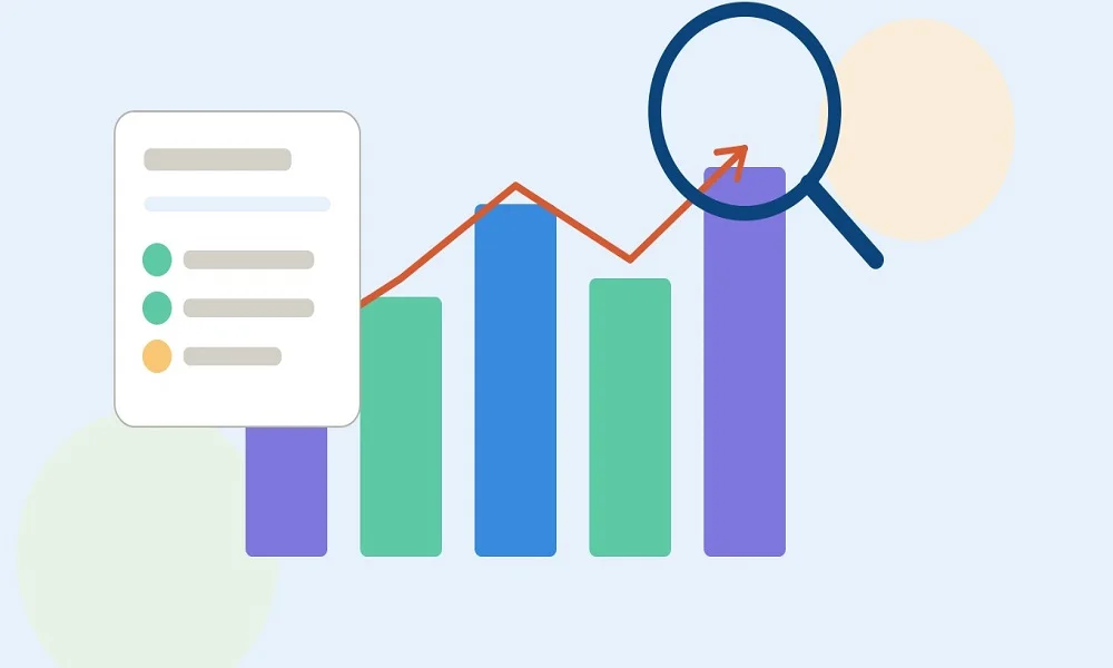 Illustration of SEO tracking with a magnifying glass, rising chart, and ranking checklist