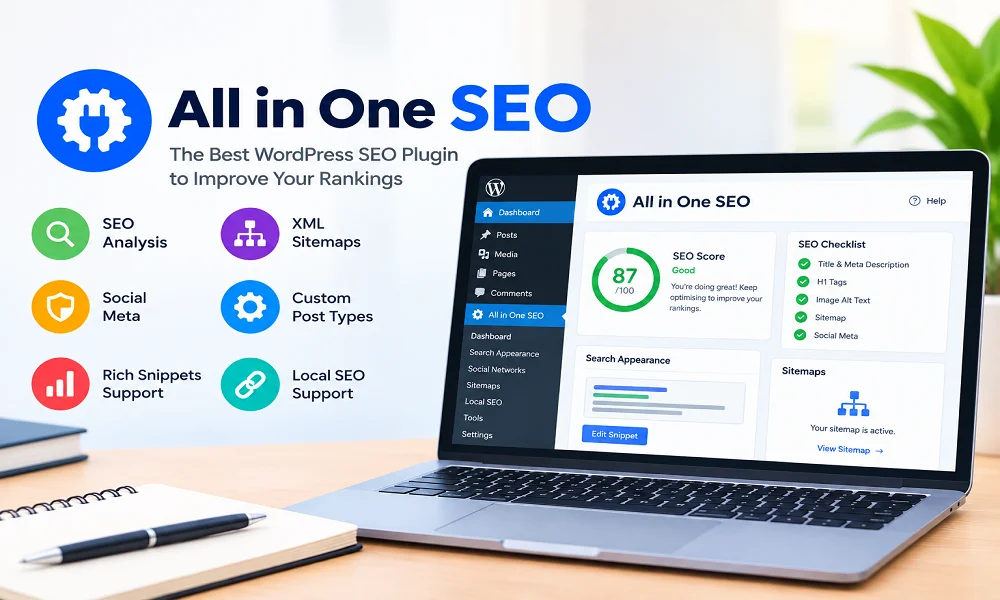 All in One SEO plugin dashboard showing SEO analysis, sitemaps, social metadata and WordPress optimisation