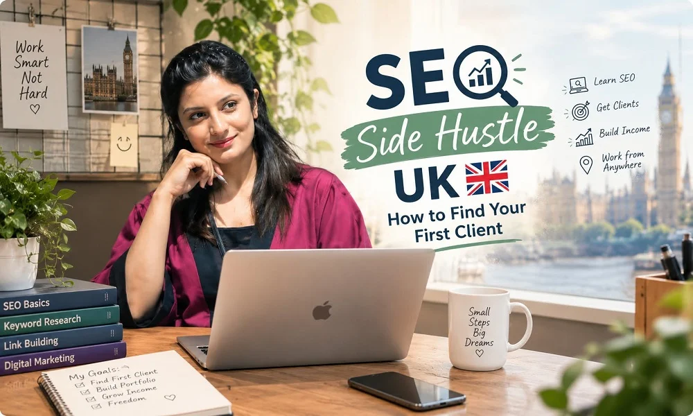 A girl thinking about how to do SEO side hustle while sitting in an office in the UK