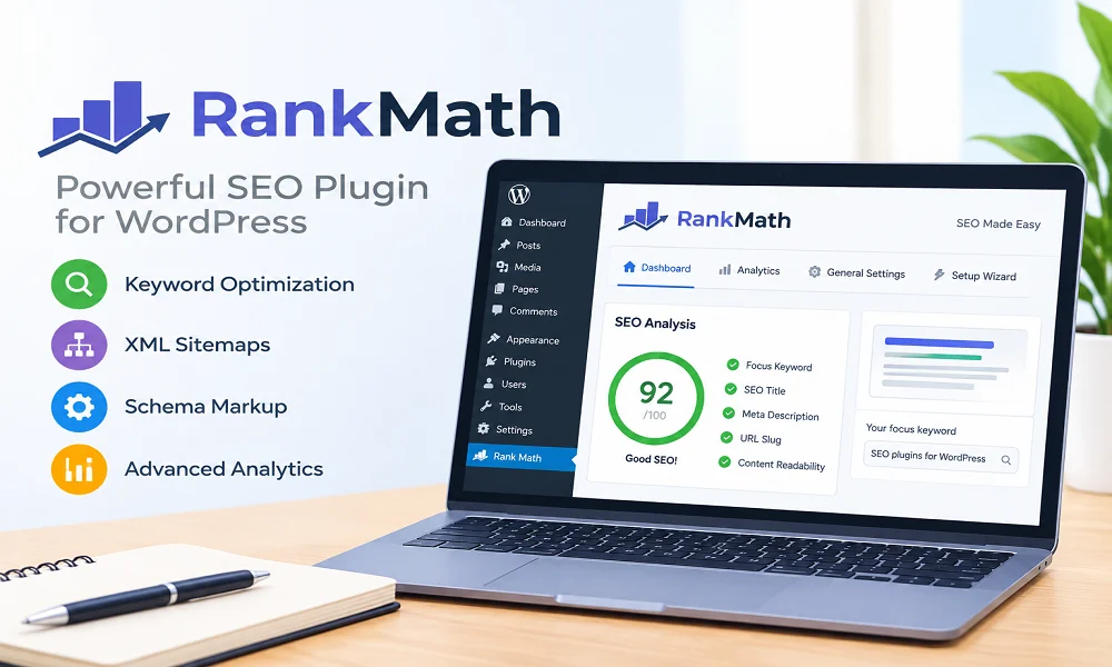 Rank Math SEO plugin dashboard showing SEO analysis, keyword optimisation and content checks in WordPress