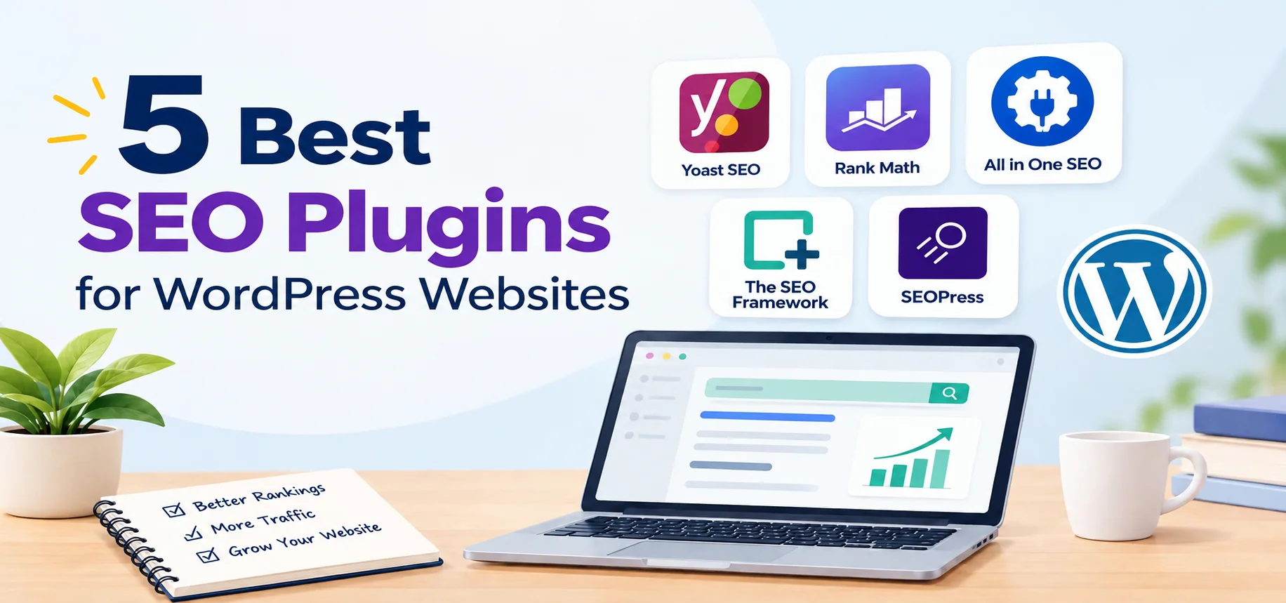 5 best SEO plugins for WordPress websites i.e Yoast SEO, Rank Math, All-in-one SEO, The SEO Framework, and SEOPress
