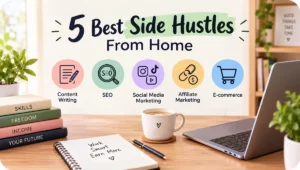 5 best side hustles from home that actually work including content writing, SEO, social media marketing, affiliate marketing and ecommerce