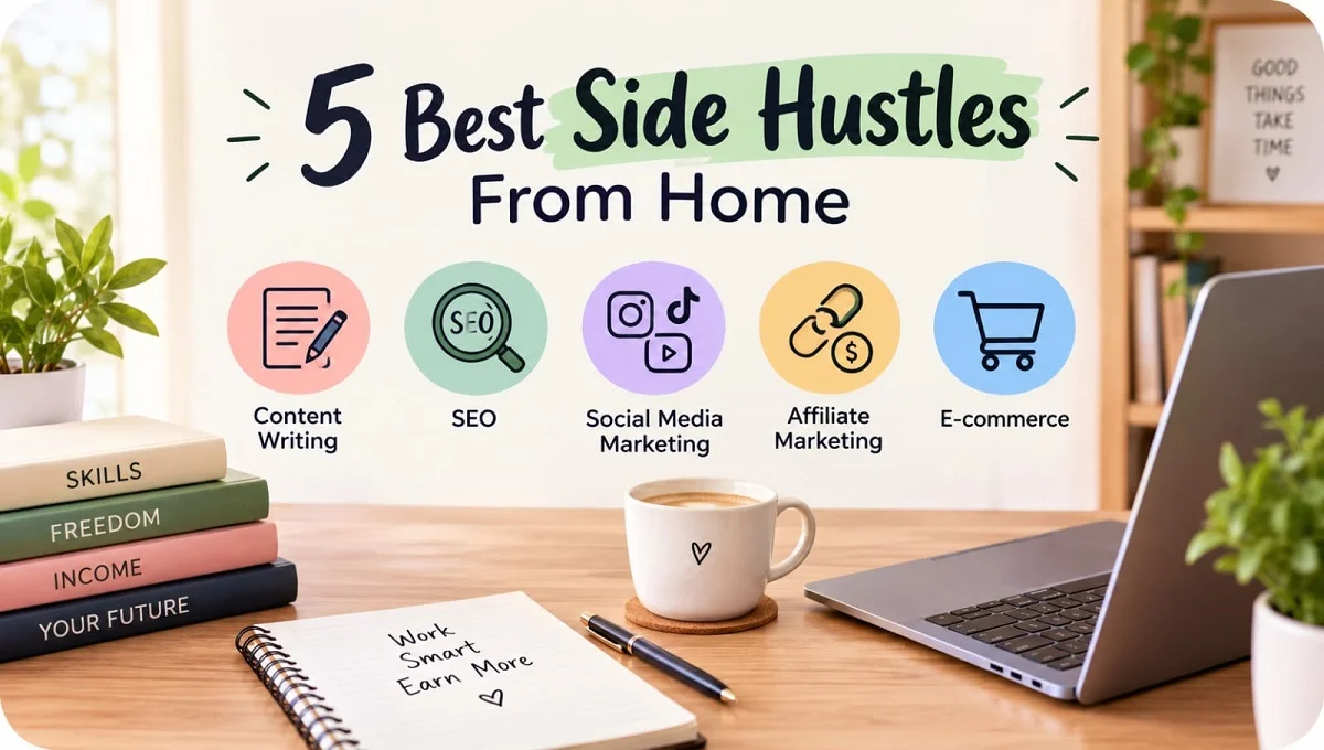 5 best side hustles from home that actually work including content writing, SEO, social media marketing, affiliate marketing and ecommerce