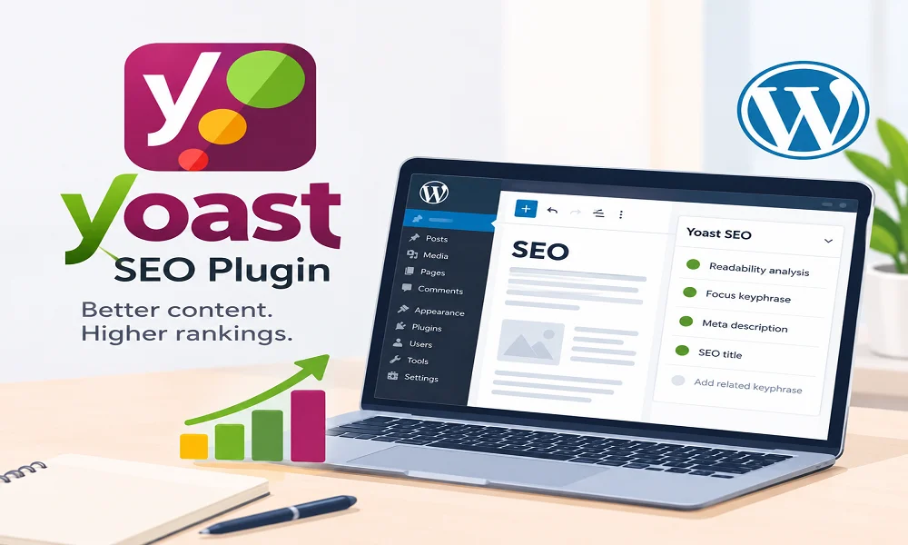 Yoast SEO plugin dashboard showing SEO analysis and content optimisation in WordPress